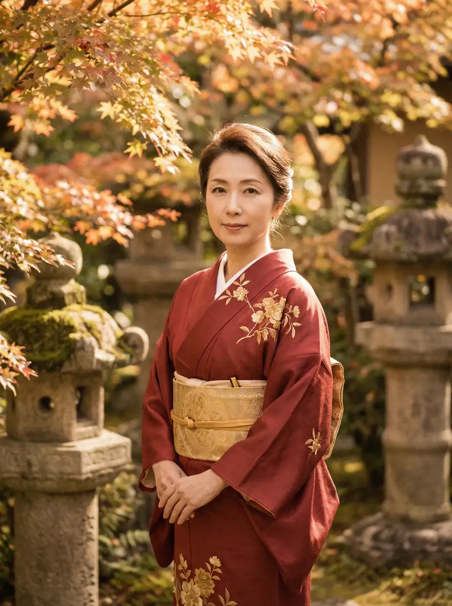 一位身穿暗红色和服的优雅 老夫子2001国语 在日式庭院中