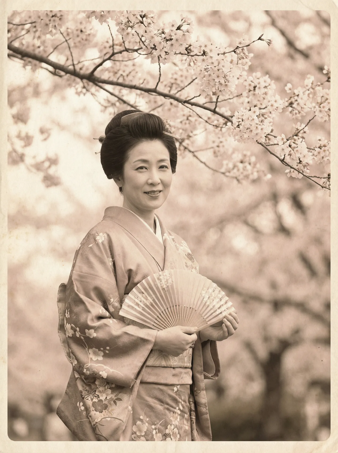 一位持扇的优雅 老夫子2001国语 在樱花树下的复古写真