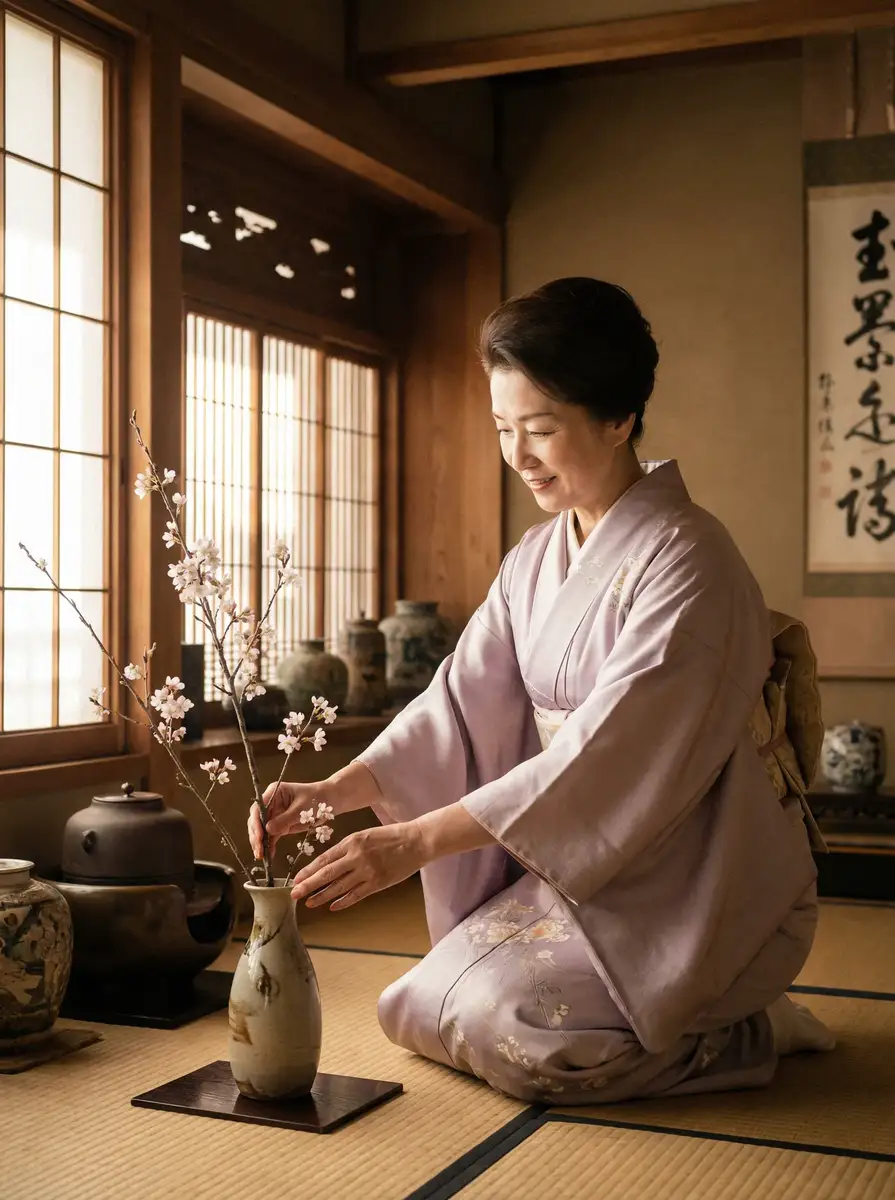 一位优雅的 老夫子2001国语 在和室中插花